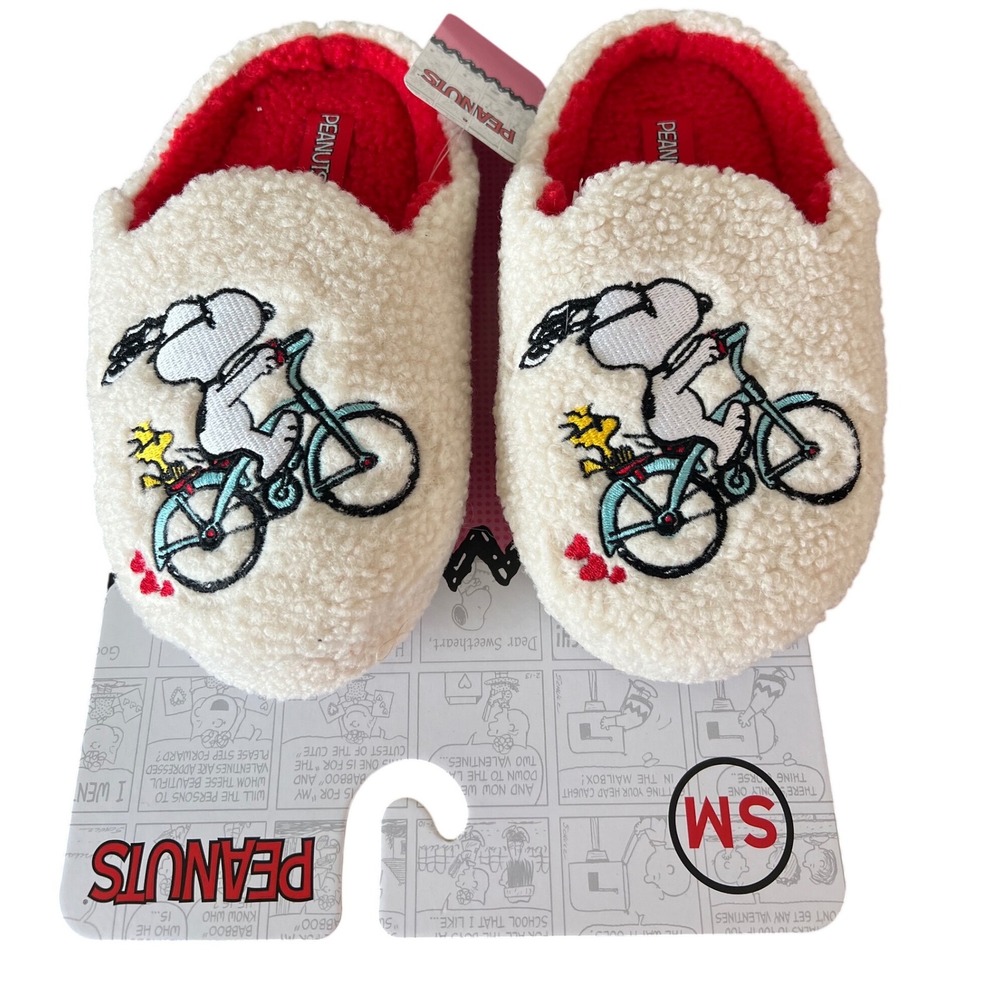 NEW Peanuts Snoopy Bicycle & Heart Slippers Cream Red Sherpa Mules Ground Up SM